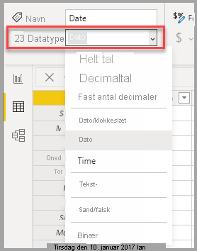 Skærmbillede af tabelvisning, der viser rullemenuen Datatype.