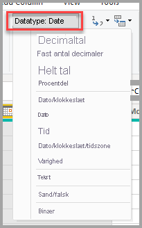 Skærmbillede af Power Query-editor, der viser rullemenuen Datatype.