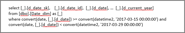 Skærmbillede, der viser filtrering af rækker i en oprindelig SQL-forespørgsel.