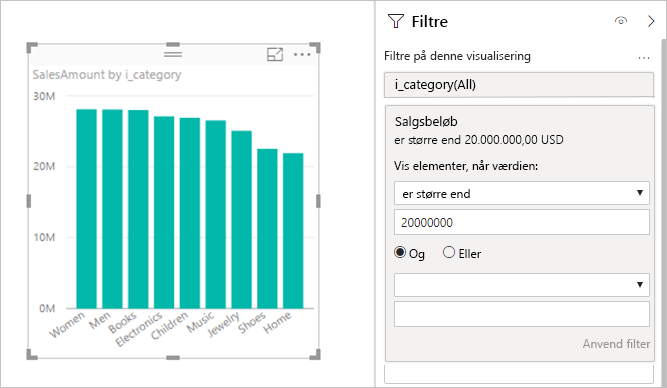 Skærmbillede, der viser målinger, der indeholder filtre