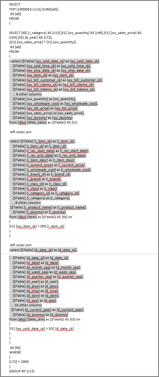 Skærmbillede af den SQL-forespørgsel, der bruges som angivet.