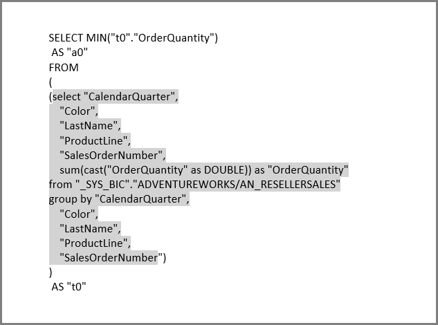 Skærmbillede af et forespørgselseksempel, der viser SQL-forespørgslen til SAP HANA.