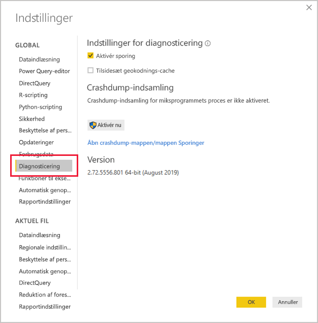 Screenshot of the Diagnostics section of the Power BI Desktop Options screen with the link to open the crash dump/traces folder.