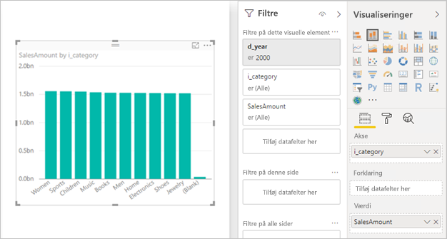 Screenshot of a Power BI Desktop stacked column chart that displays sales amount by category.