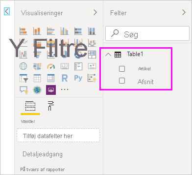 Screenshot shows the table created with the two fields loaded into Power BI Desktop.