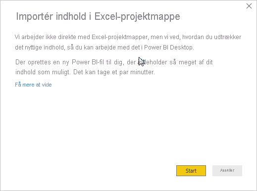 Skærmbillede, der viser meddelelsen Importér indhold i Excel-projektmappen.