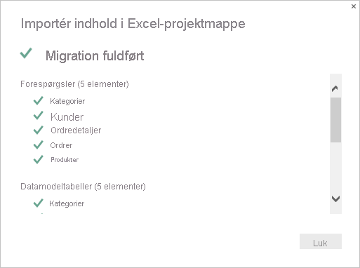 Skærmbillede, der viser oversigtssiden Importér indhold i Excel-projektmapper.