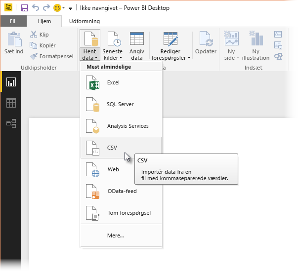 Screenshot of the Get Data ribbon in Power BI Desktop, showing the CSV selection.