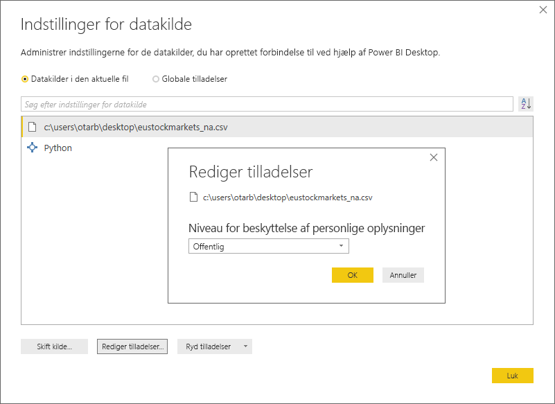 Screenshot of the Data source settings dialog, showing the Privacy Level is set to Public.