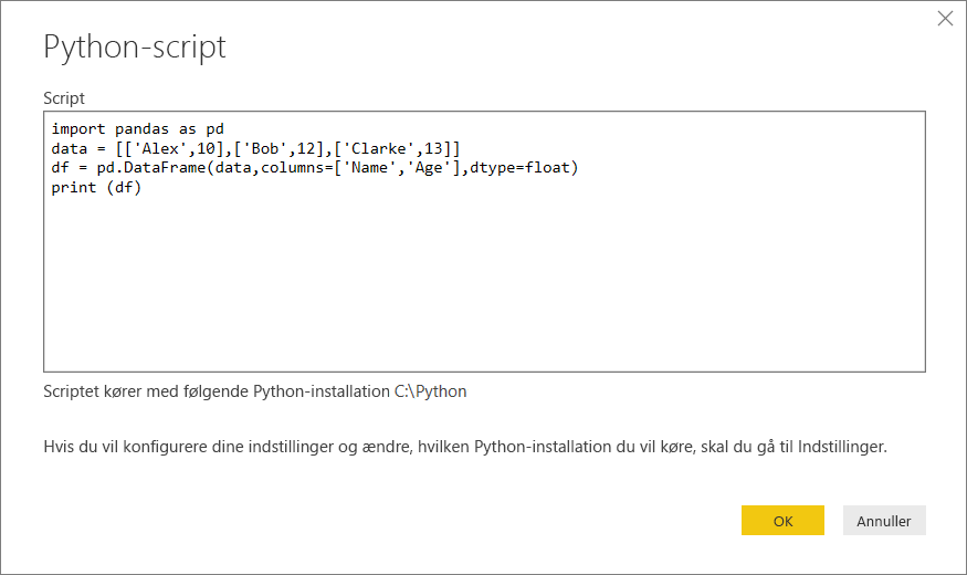 Skærmbillede, der viser indsættelse af Python-eksempelscriptet i dialogboksen Python-script.