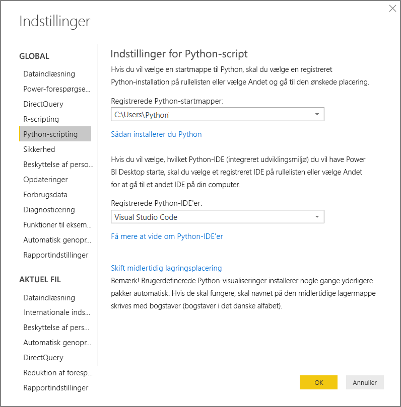 Skærmbillede, der viser indstillingerne for Python-scriptet for Power BI Desktop.