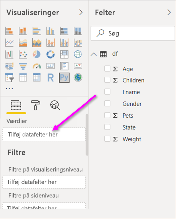 Skærmbillede, der viser Træk for at tilføje datafelter her.