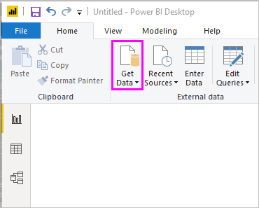 Screenshot shows the Home ribbon with Get data highlighted.