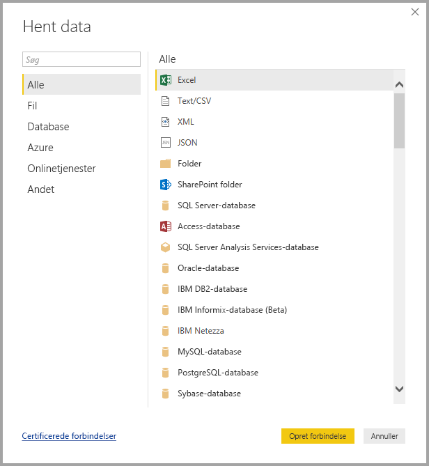 Screenshot shows the Get Data dialog with All and Excel selected.