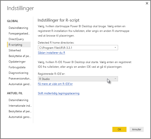 Screenshot of the Options dialog, showing R Studio is entered in the Detected R I D E field.