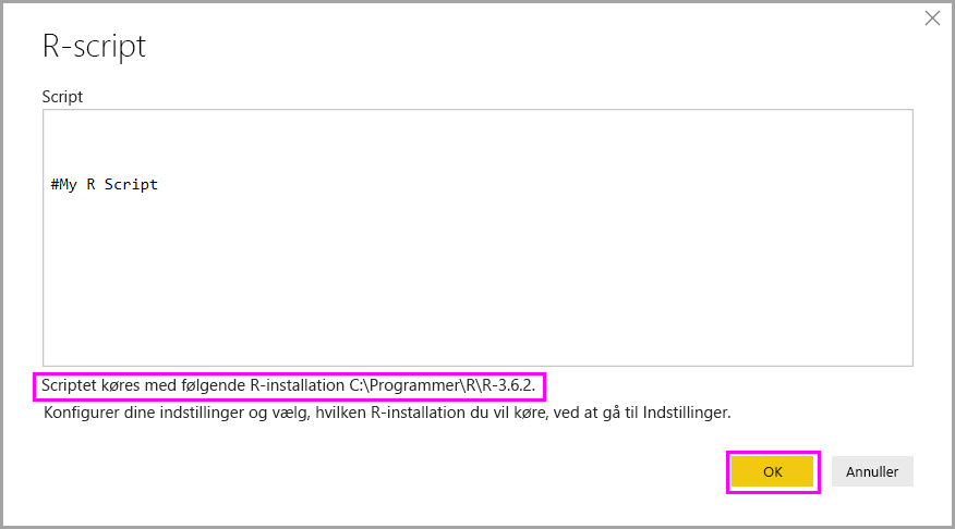 Screenshot shows the R script dialog in Power BI Desktop with R installation information highlighted.