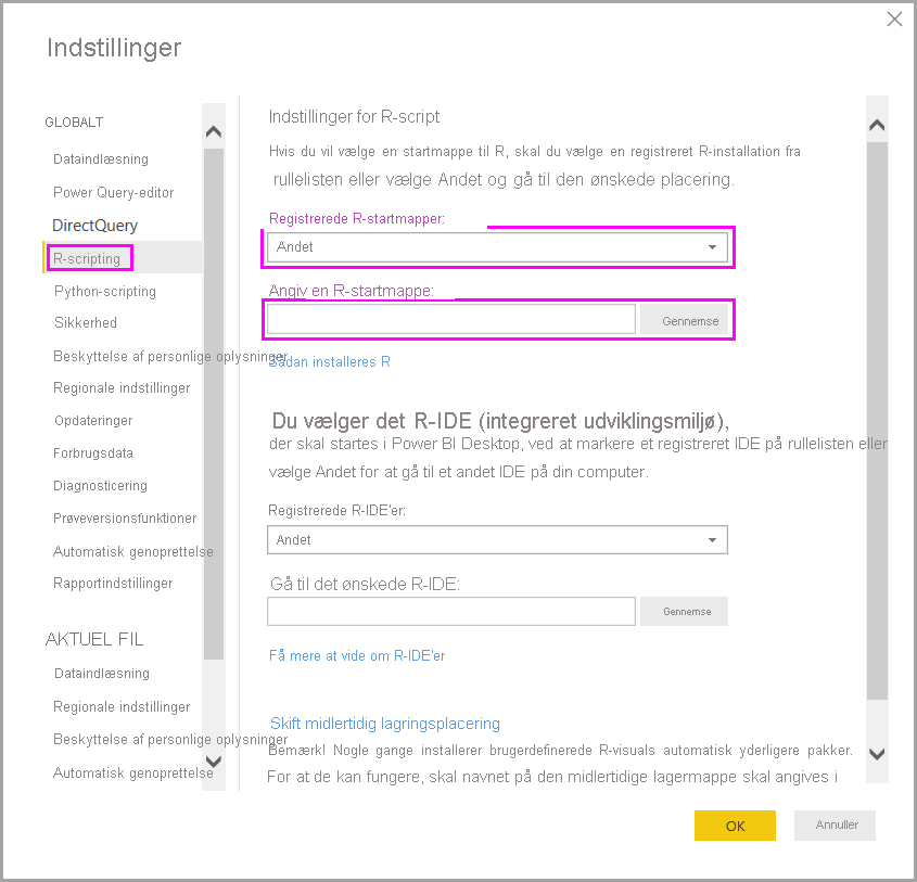 Screenshot of the Options dialog showing R script options with Set an R home directory highlighted.