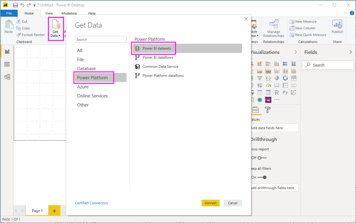 Skærmbillede, der viser valg af semantiske Power BI-modeller på skærmen Hent data i Power BI Desktop.