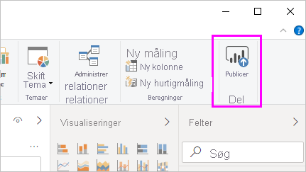 Skærmbillede, der viser knappen Publicer i Power BI Desktop.