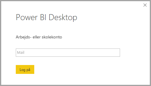 Skærmbillede, der viser log på Power BI Desktop.