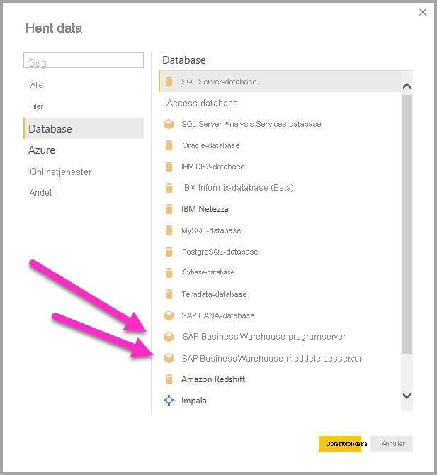 Skærmbillede, der viser indstillingerne Hent data for SAP.