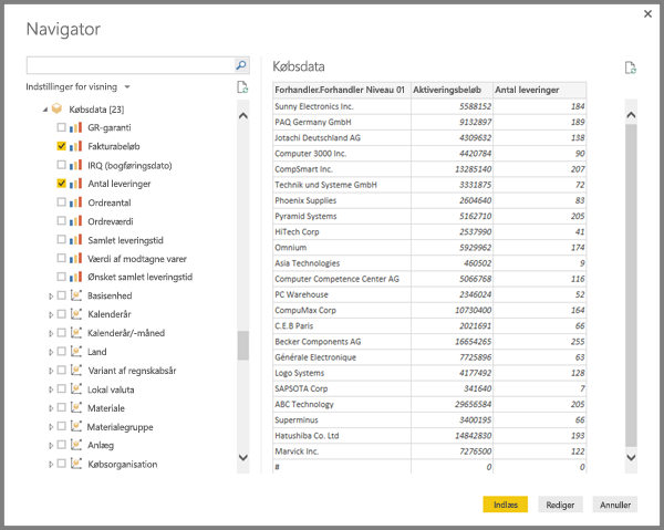 Skærmbillede af et eksempel på en SAP-tabel på skærmen Navigator.