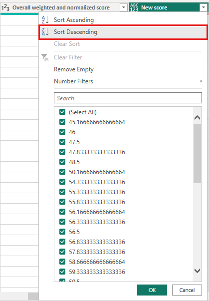 Skærmbillede af Power Query-editor, der viser kolonnen Ny score med Sortér faldende fremhævet.