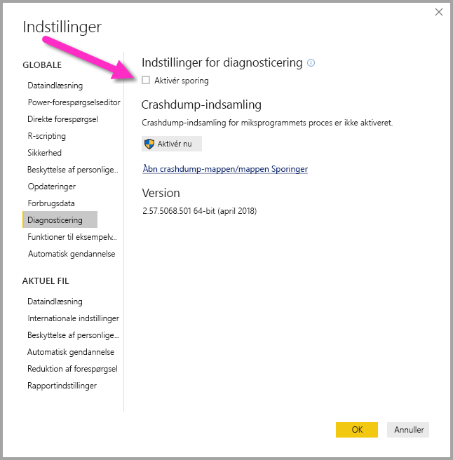 Screenshot shows the option to enable tracing in Power BI Desktop.