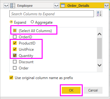 Screenshot that highlights the ProductID, UnitPrice, and Quantity columns.