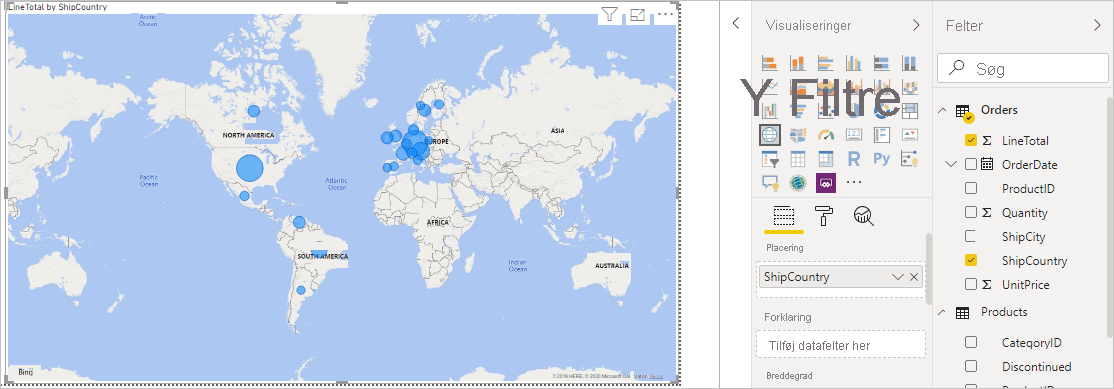 Screenshot that shows the LineTotals by ShipCountry map visualization.