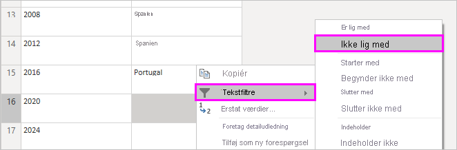 Skærmbillede, der viser en genvejsmenu med Tekstfiltre og Er ikke lig med valgt.