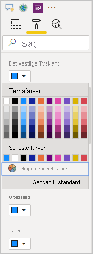 Skærmbillede, der viser farver, du kan vælge for at ændre farven, herunder Temafarver og Seneste farver.