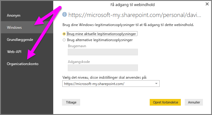 Screenshot of the Power BI Desktop credential prompt, showing Windows or Organizational account selection.