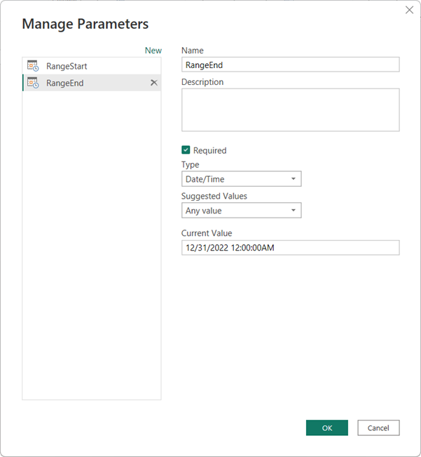 Definer parameteren Range End i dialogboksen Administrer parametre.