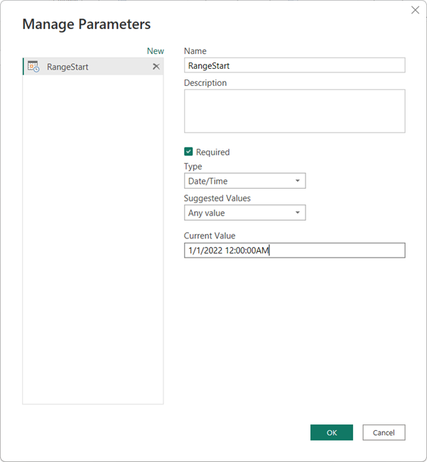 Definer parameteren Range Start i dialogboksen Administrer parametre.