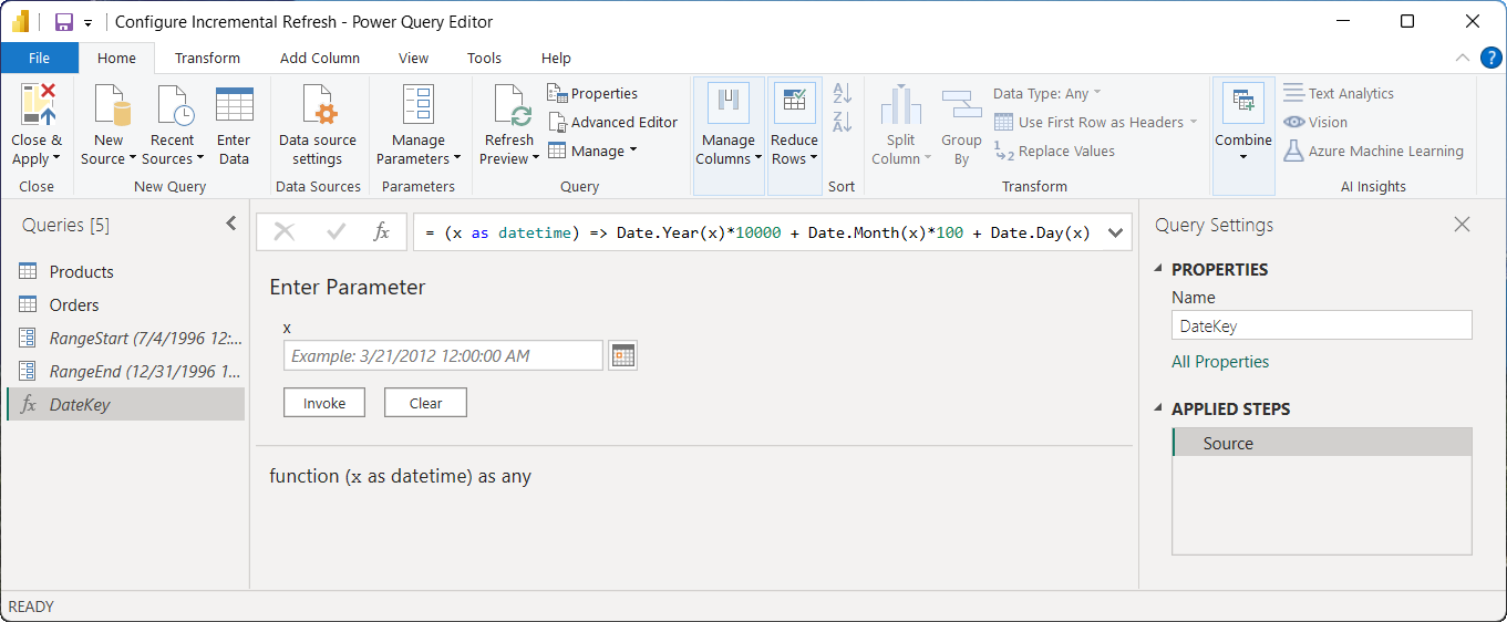 Power BI-funktionseditor, der viser funktionen DateKey med heltals surrogat.