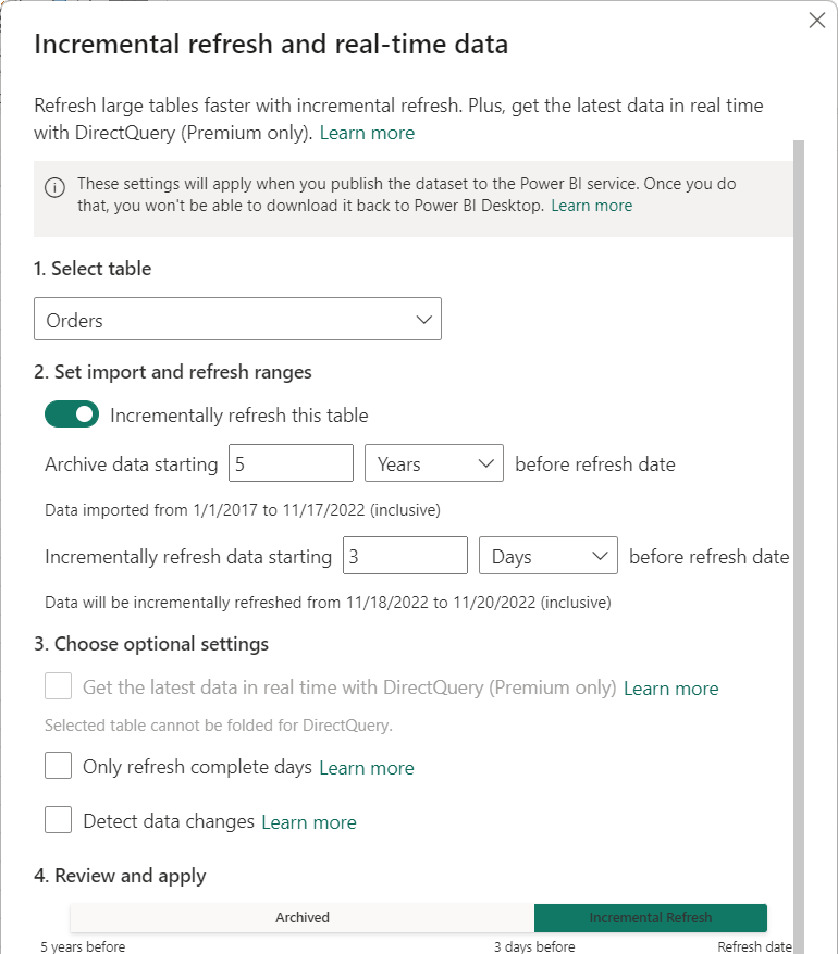 Skærmbillede af dialogboksen Trinvis opdatering og data i realtid, der viser indstillingen Opdater denne tabel trinvist.