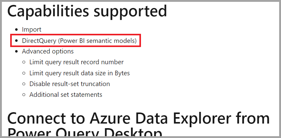 Skærmbillede, der viser DirectQuery som en funktion i en dataconnector.