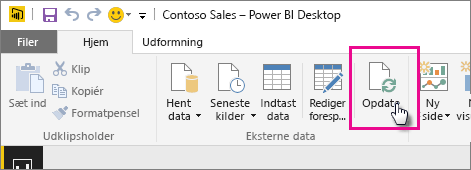 Skærmbillede af båndet Hjem i Power BI Desktop, der viser valget Opdater.