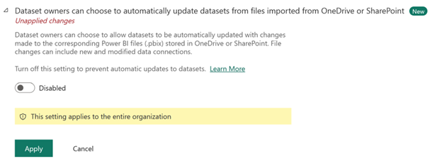 Skærmbillede, der viser automatisk opdatering af OneDrive deaktiveret i lejerindstillinger.