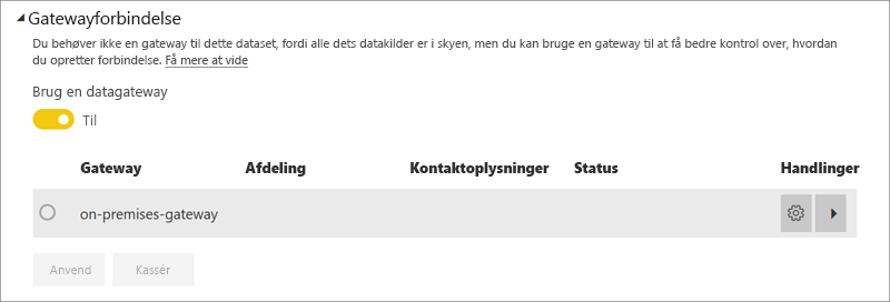 Skærmbillede af dialogboksen gatewayforbindelse for Power BI-tjeneste.