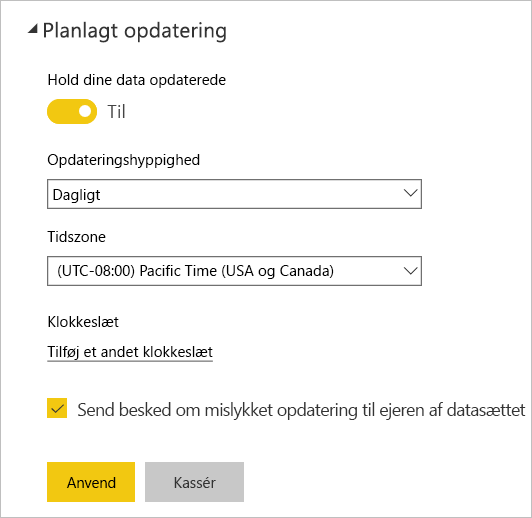 Skærmbillede af dialogboksen Planlagt opdatering for Power BI-tjeneste.