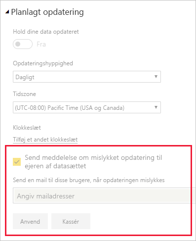 Skærmbillede af sektionen i de semantiske modelindstillinger til ændring af meddelelser om opdatering af Power BI-mail.