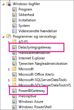 Skærmbillede, der viser loggene Dataadministration Gateway og PowerBIGateway i mappen Programmer og tjenestelogge.