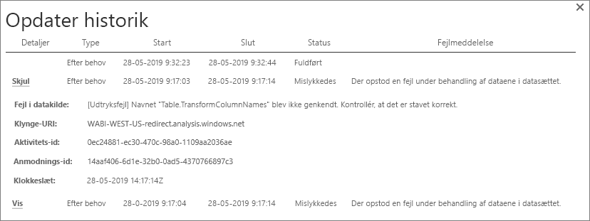 Skærmbillede, der viser dialogboksen Opdater historik.