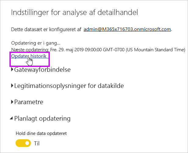 Skærmbillede, der viser linket Opdater historik for semantiske modeller for at vælge.