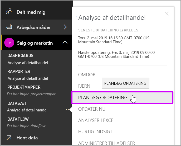 Skærmbillede, der viser, hvordan du vælger Planlæg opdatering i navigationsruden.