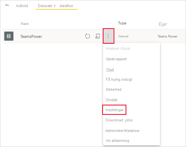 Skærmbillede af semantiske modeller og dataflow i et arbejdsområde med flere og indstillinger fremhævet.