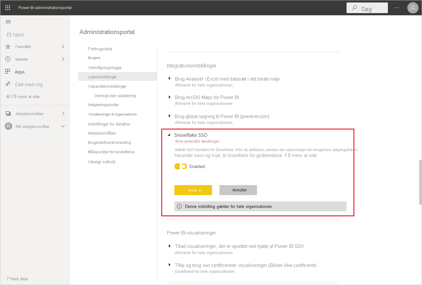 Skærmbillede af administrationsportalen med Snowflake SSO-indstillinger fremhævet.