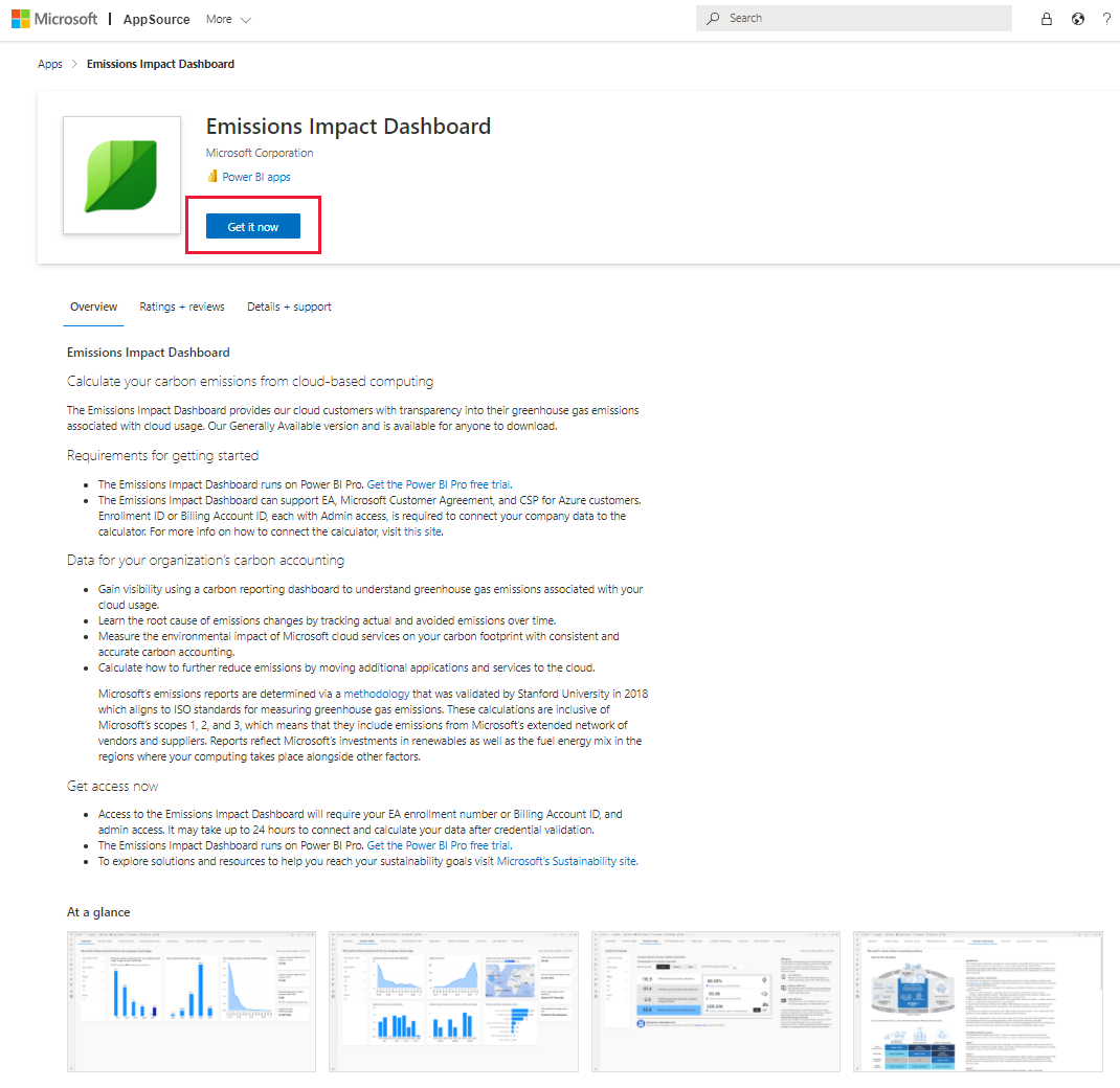 Skærmbillede af Dashboard med emissionsvirkning for Azure på AppSource.